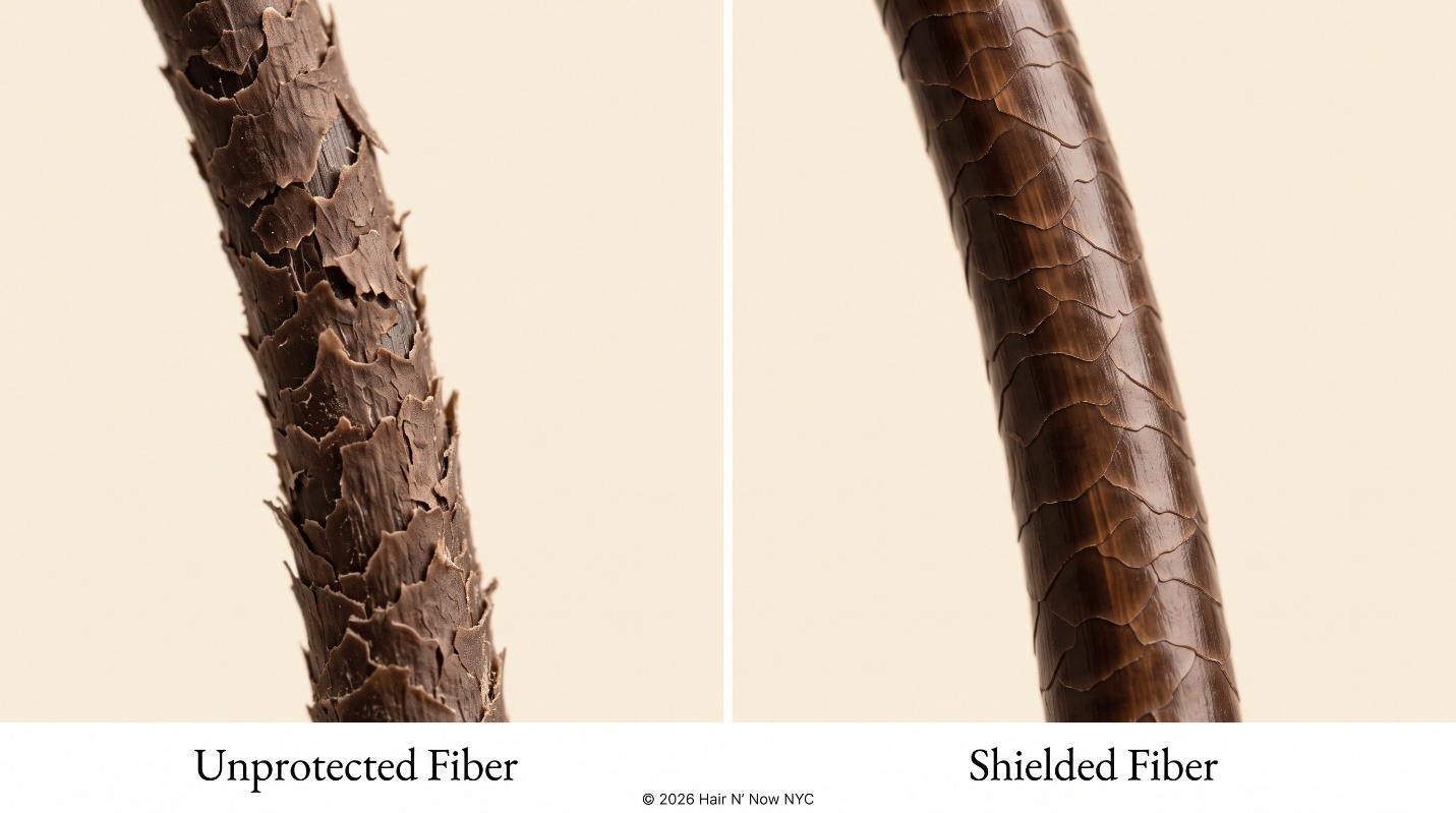 Macro comparison of an unprotected weathered hair fiber and a smoother shielded fiber surface.
