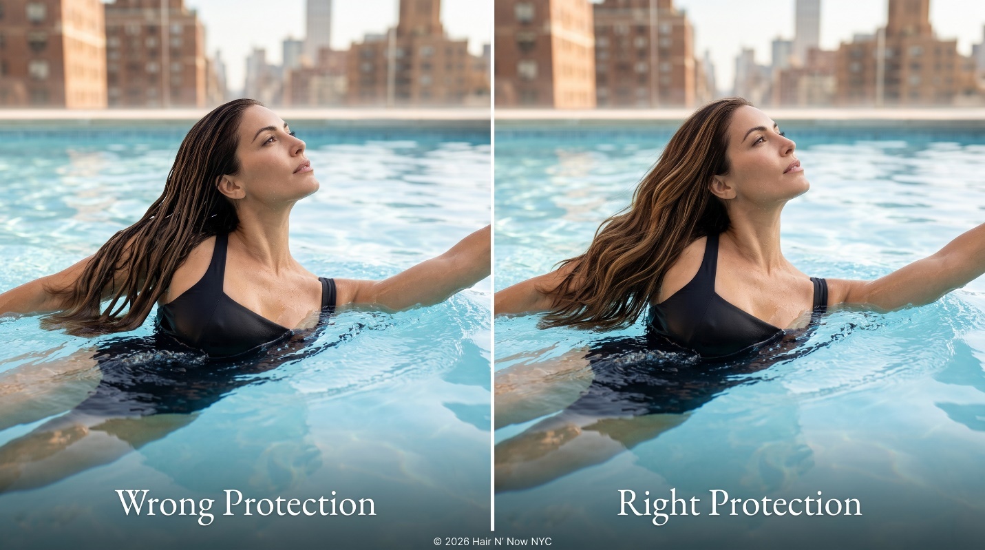 Side-by-side rooftop pool portrait comparing heavy wrong protection with lightweight right protection for chlorine-exposed hair.