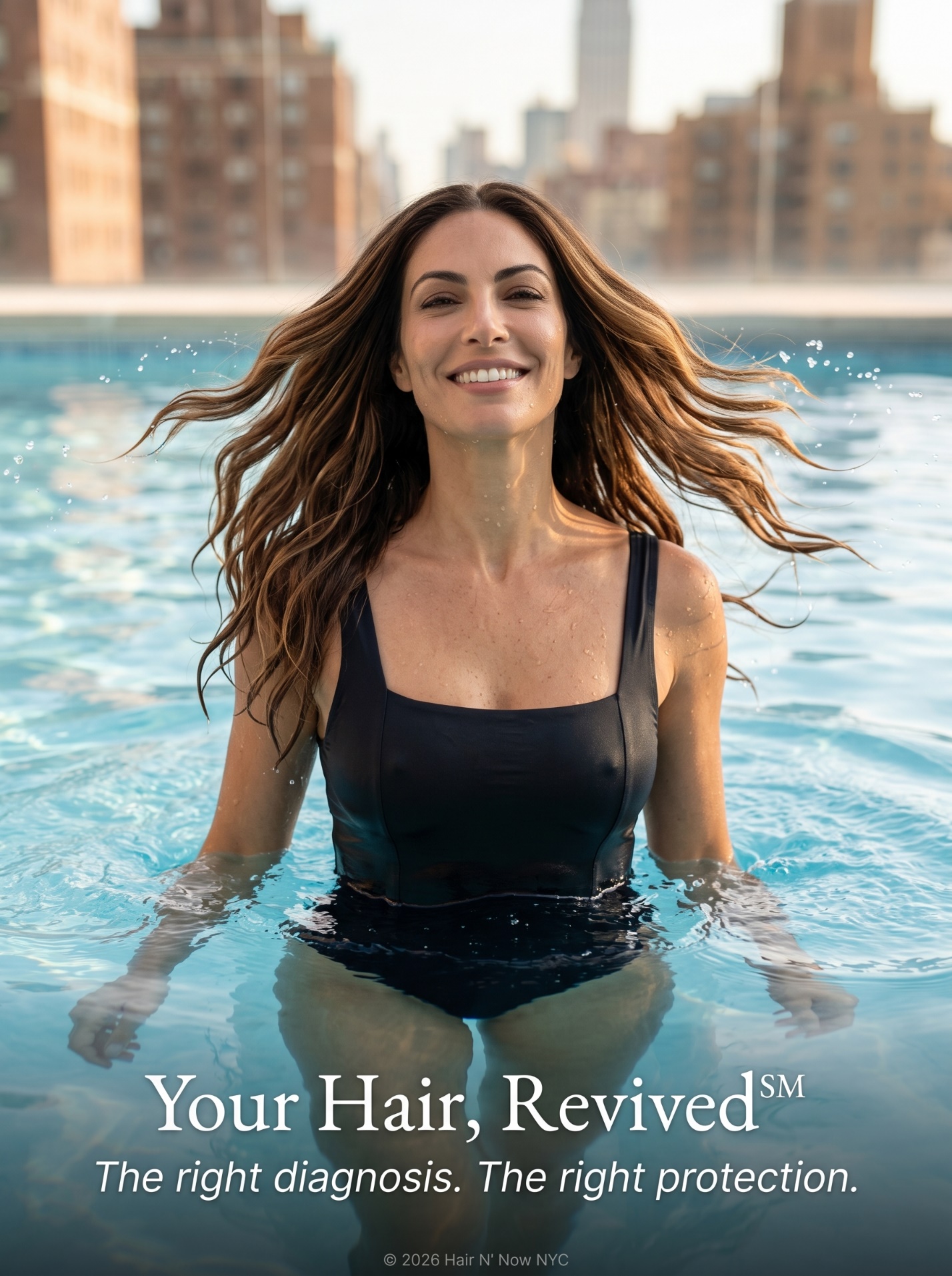 Smiling swimmer with fluid chestnut waves in an Upper East Side rooftop pool beneath the Your Hair, Revived message.