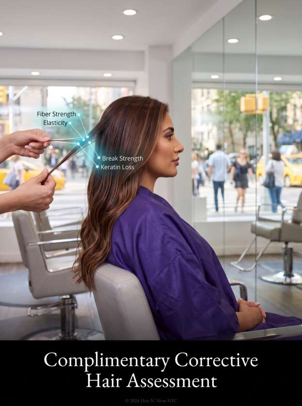In-salon corrective hair assessment showing a stylist evaluating fiber strength, elasticity, break strength, and keratin loss.