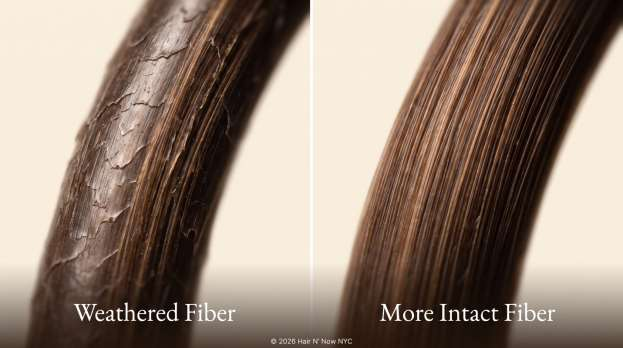 Macro comparison of a weathered hair fiber with a more intact hair fiber.