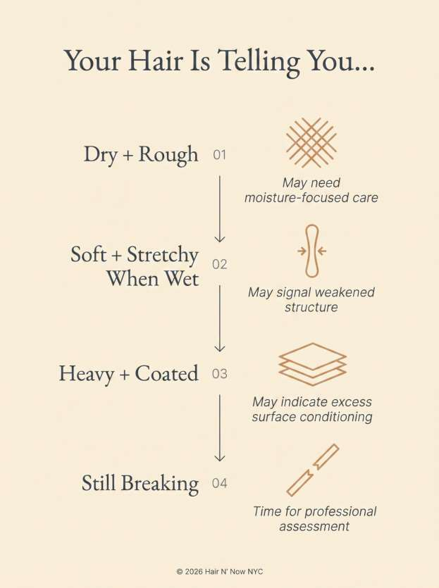 Hair-signal infographic comparing dry and rough, soft and stretchy, heavy and coated, and breaking-hair symptoms.