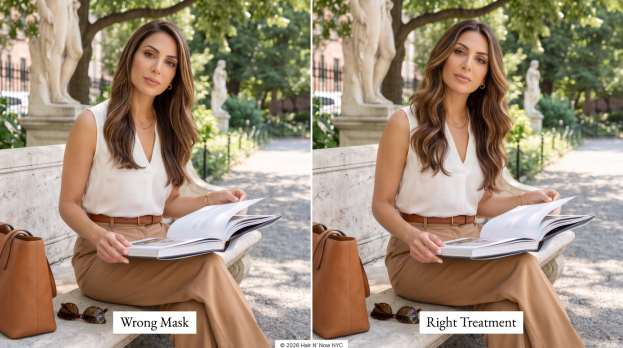 Side-by-side portrait comparing a heavy retail-mask result with lighter, more fluid waves in a Manhattan garden.