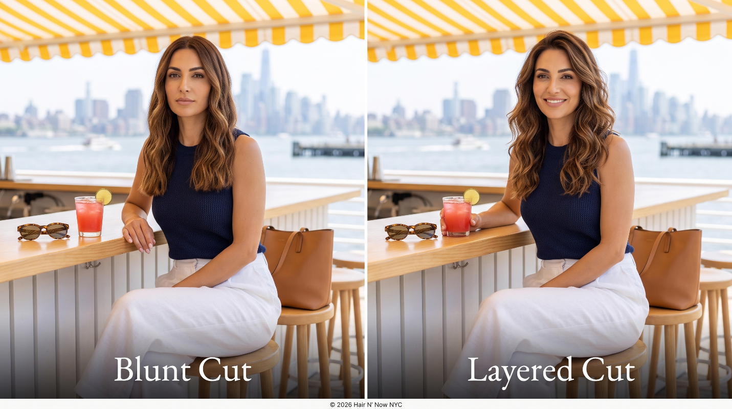 NYC harbor waterfront diptych comparing a six-week-old blunt cut with a lightweight layered cut on loose chestnut summer waves.