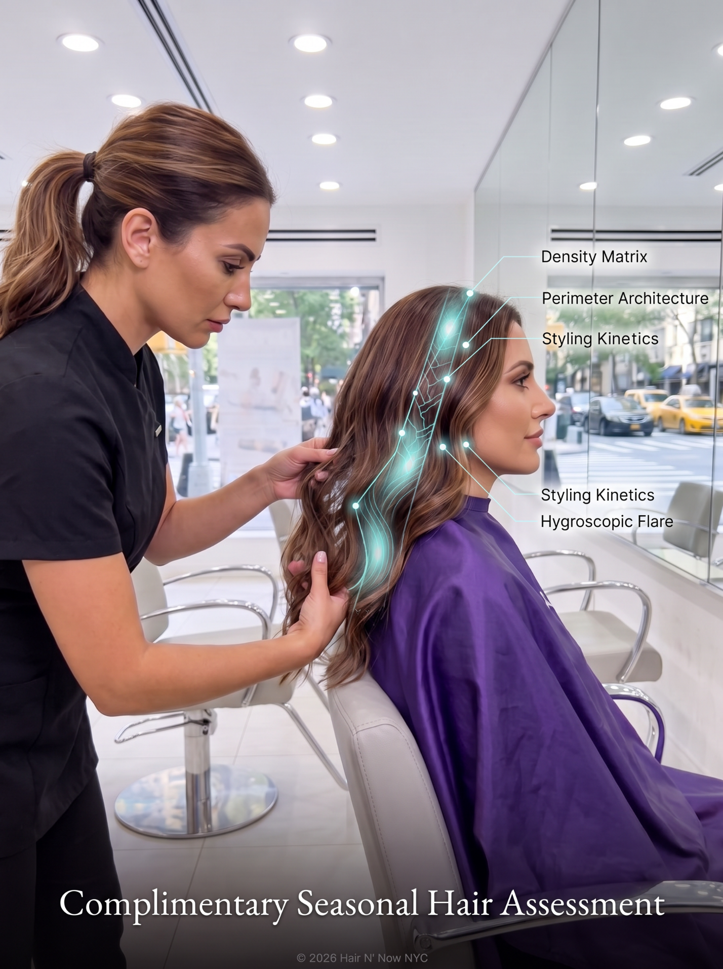 Upper East Side salon consultation with a stylist assessing haircut density, perimeter architecture, styling kinetics, and humidity response.