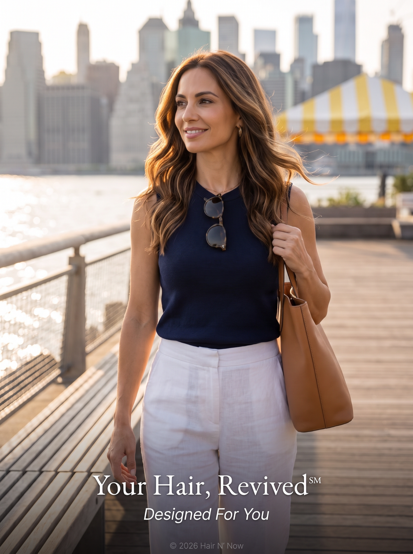 Golden-hour NYC harbor promenade portrait with defined lightweight layered summer waves and the Your Hair Revived message.