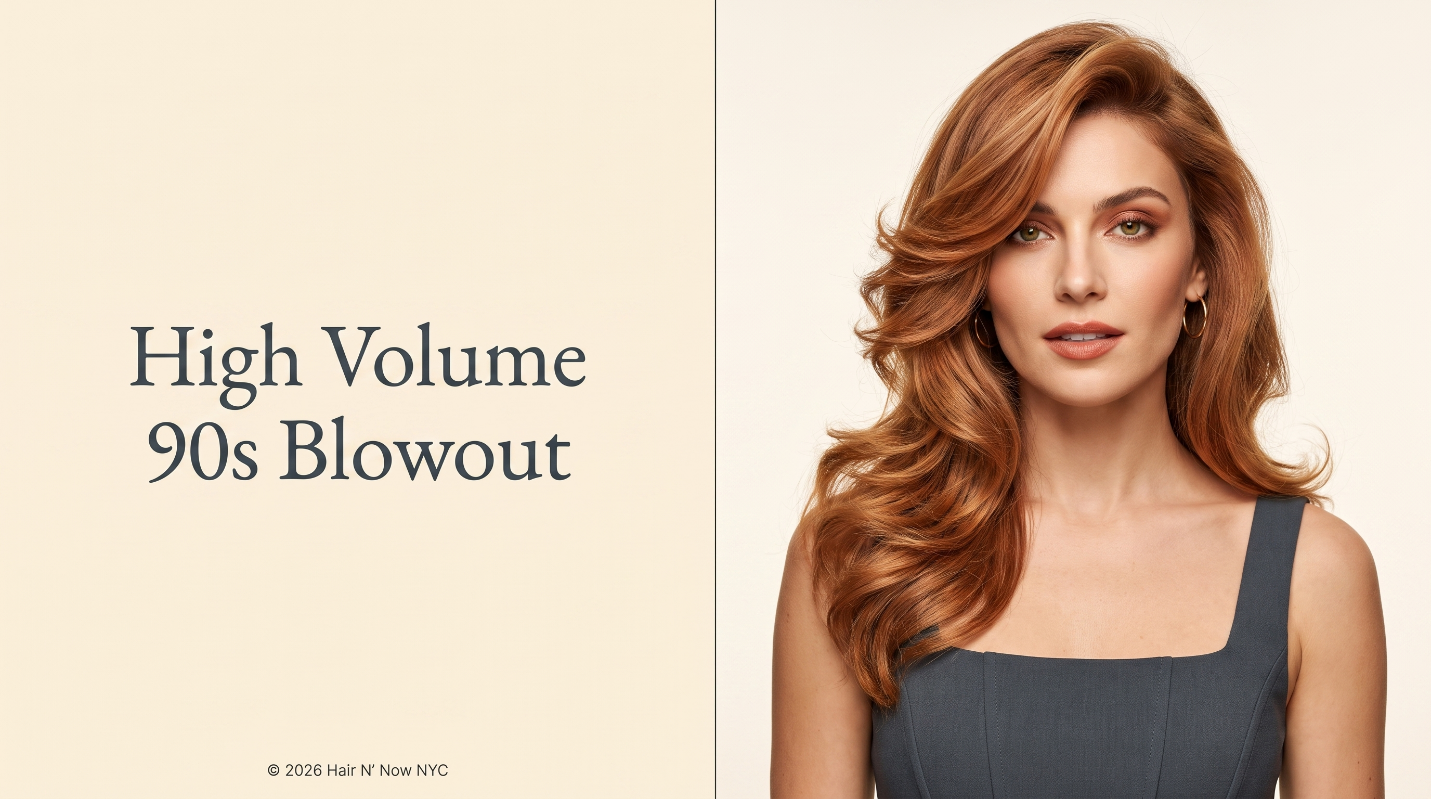 High Volume 90s Blowout style card with a portrait of a woman wearing voluminous copper curls and a sweeping side part.