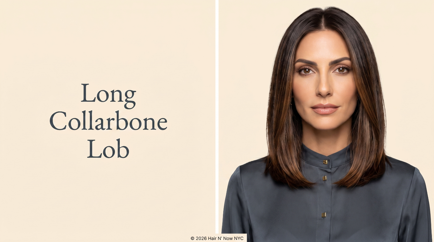 Long Collarbone Lob style card with a portrait of a woman wearing a smooth dark-brown collarbone-length bob.