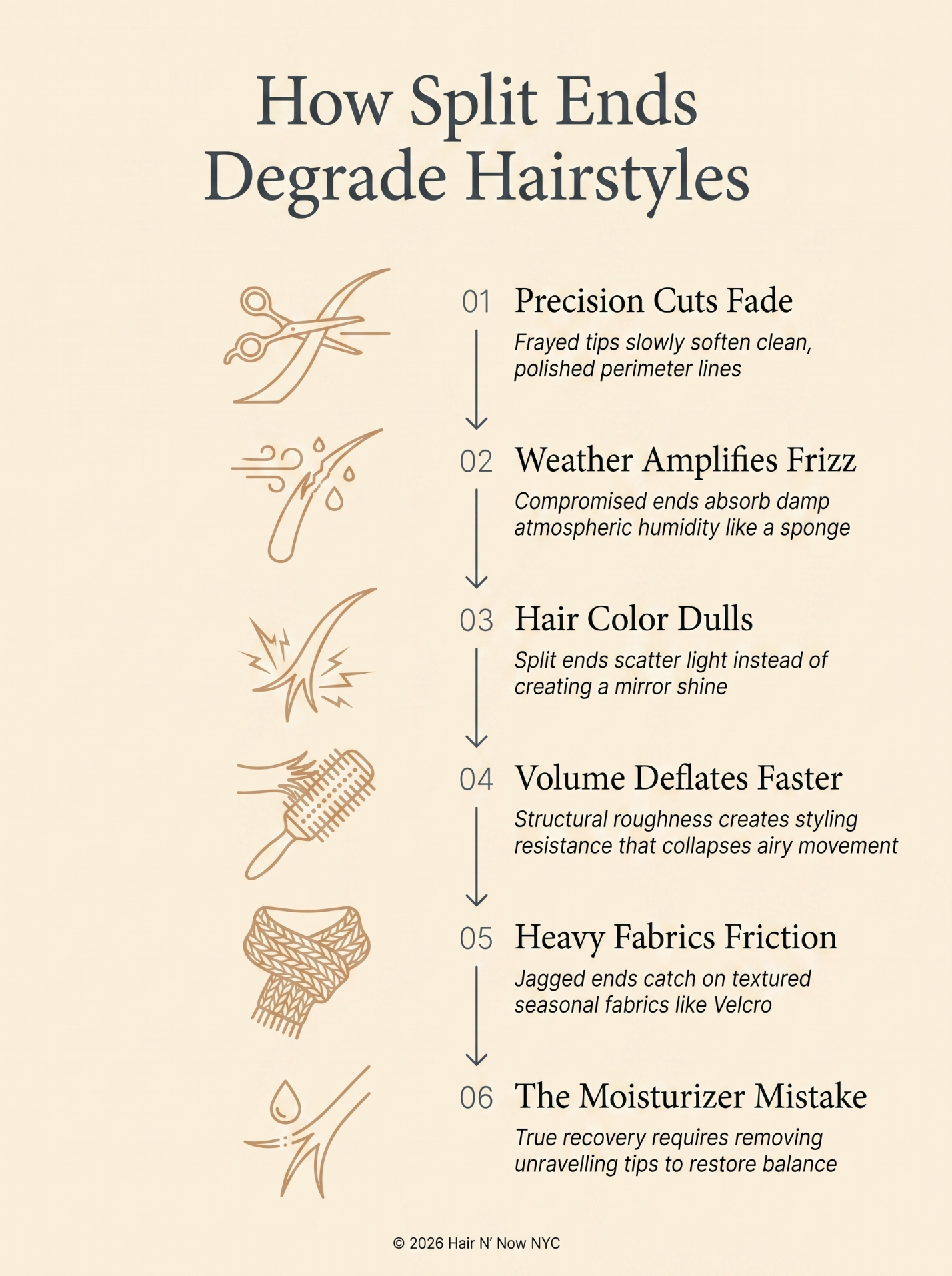Six-part infographic explaining how split ends affect precision cuts, frizz, color shine, volume, fabric friction, and moisture treatments.