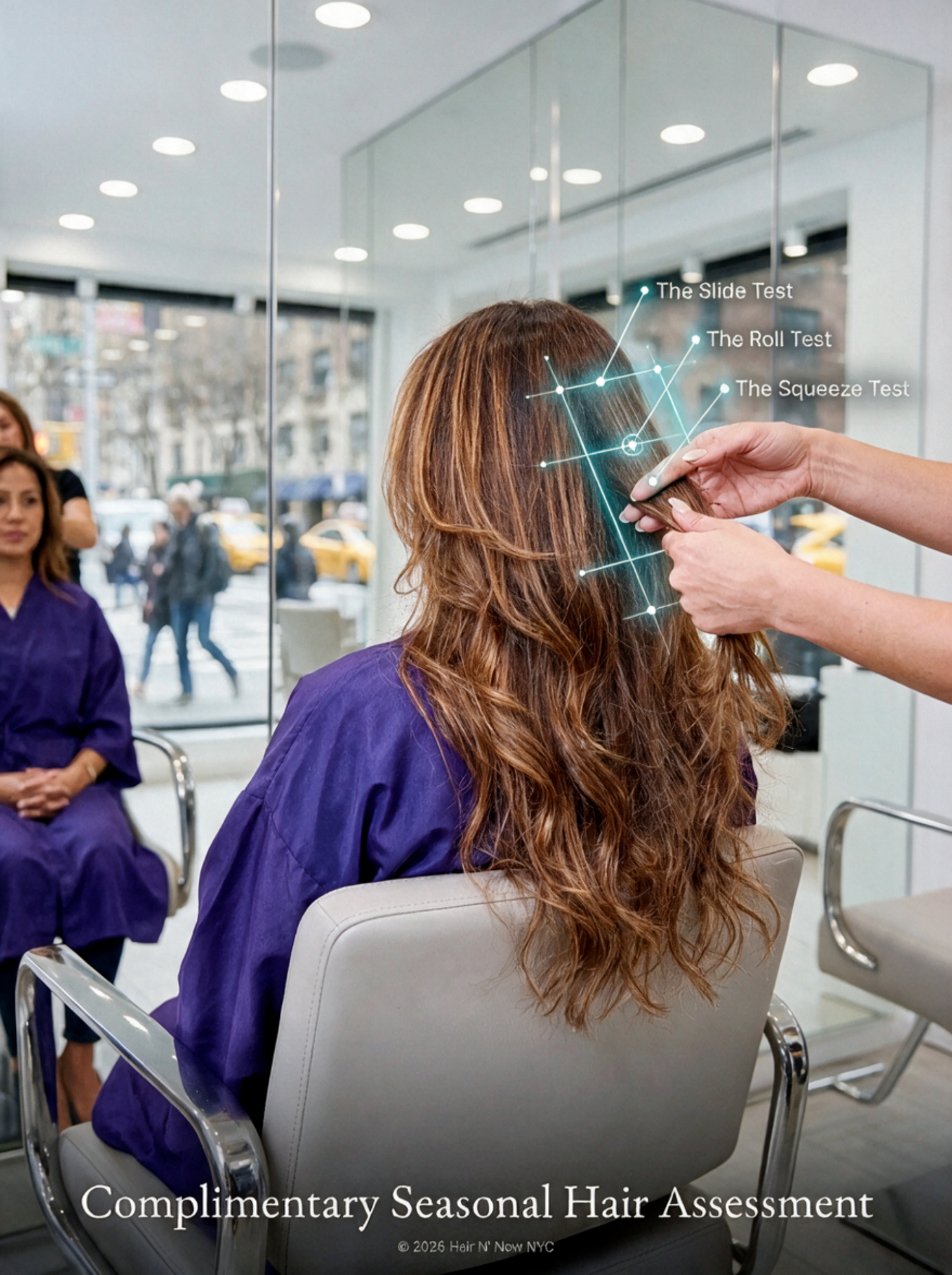 Salon hair assessment illustration showing a stylist checking a long hair section with Slide Test, Roll Test, and Squeeze Test callouts.