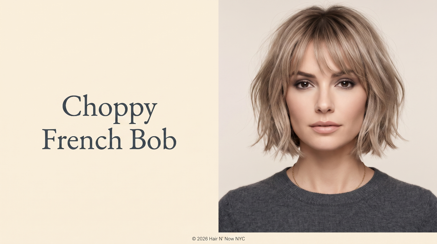 Choppy French Bob style card showing a woman with a textured blonde jaw-length bob and wispy bangs.
