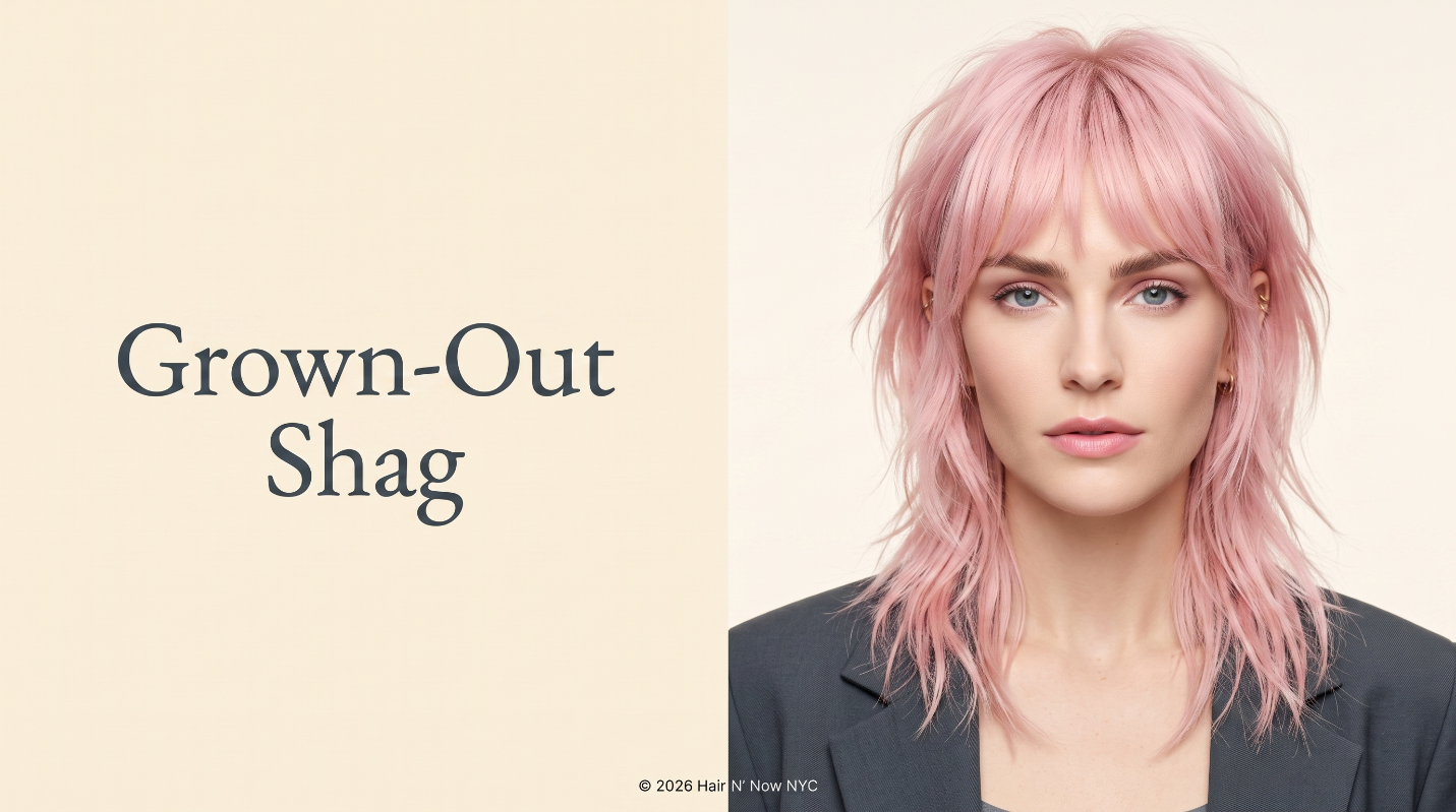 Grown-Out Shag style card showing a woman with a soft pink shag haircut, feathered layers, and blended fringe.
