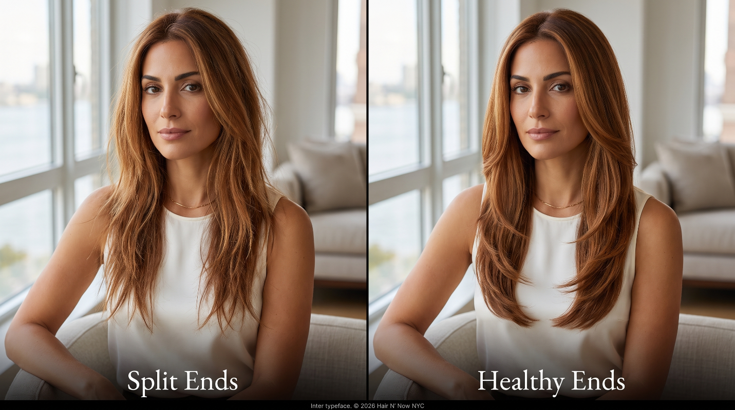 Side-by-side portraits comparing frayed split ends with smooth, healthy ends on long copper-brown layers.