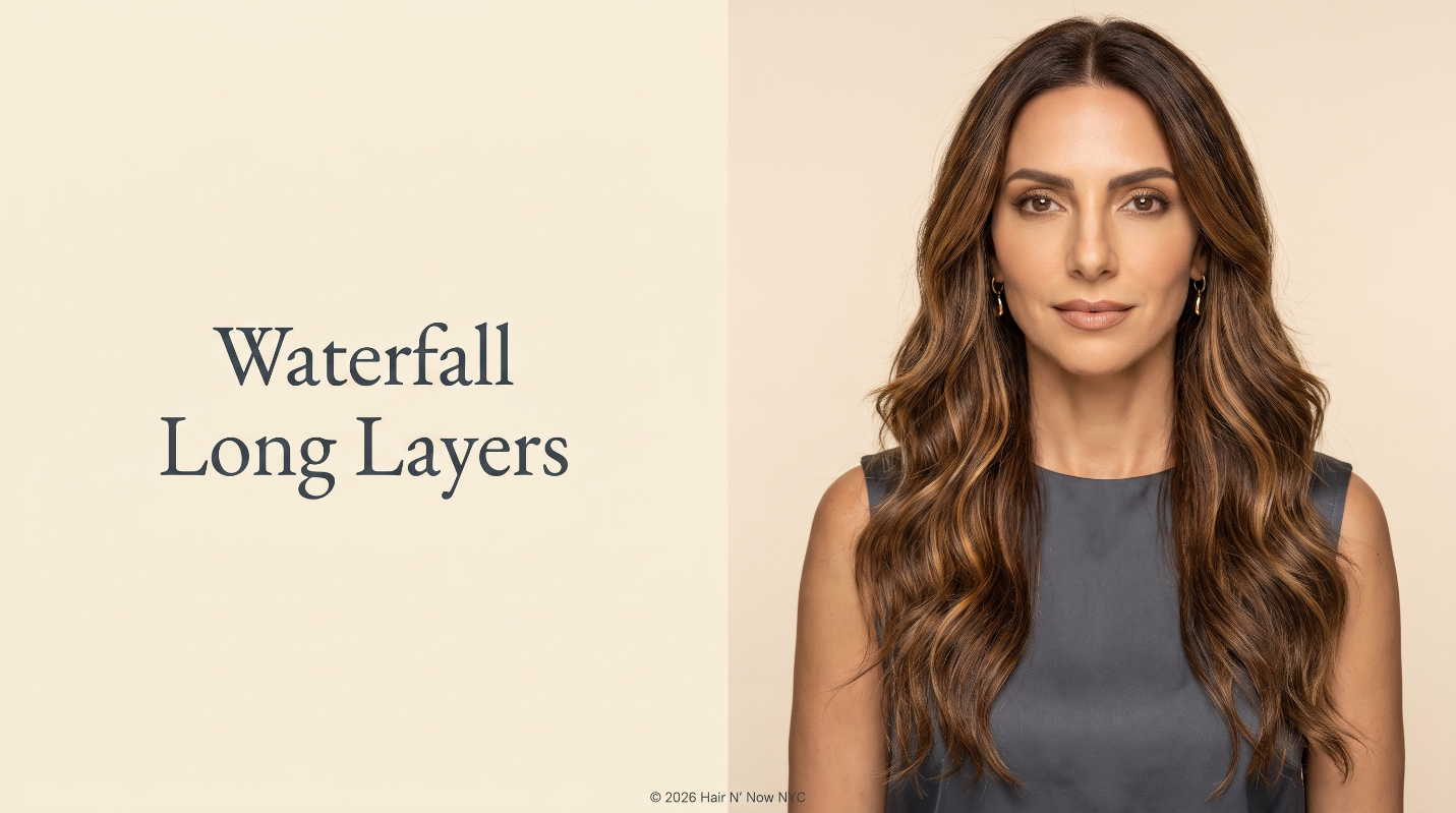 Waterfall Long Layers style card showing a woman with long brown waves and softly highlighted face-framing layers.