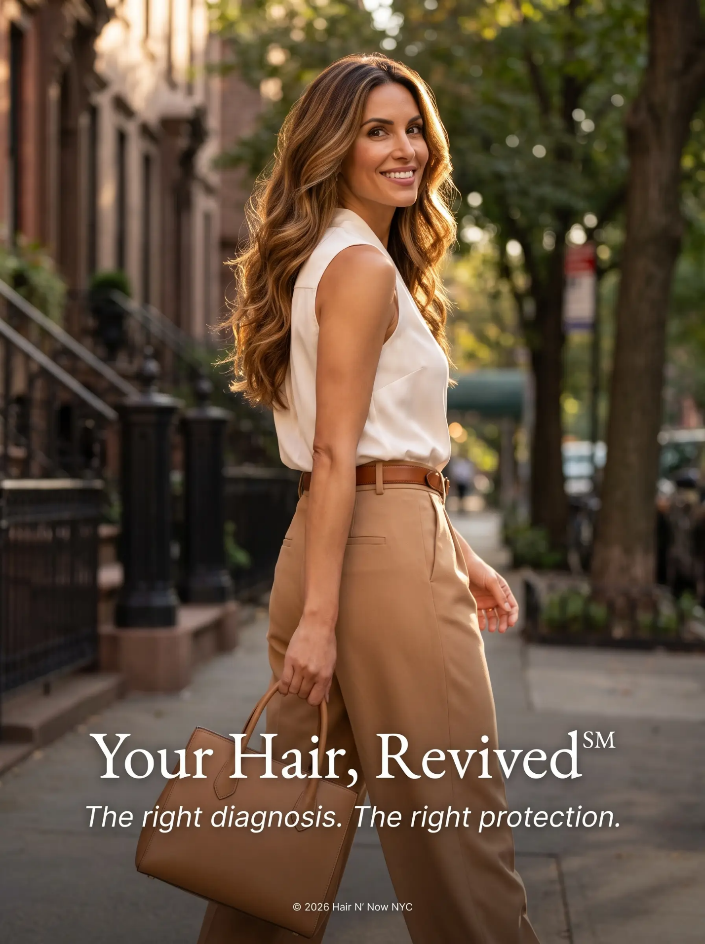 Your Hair, Revived branding portrait of a woman with long brown waves on a tree-lined Upper East Side brownstone street.